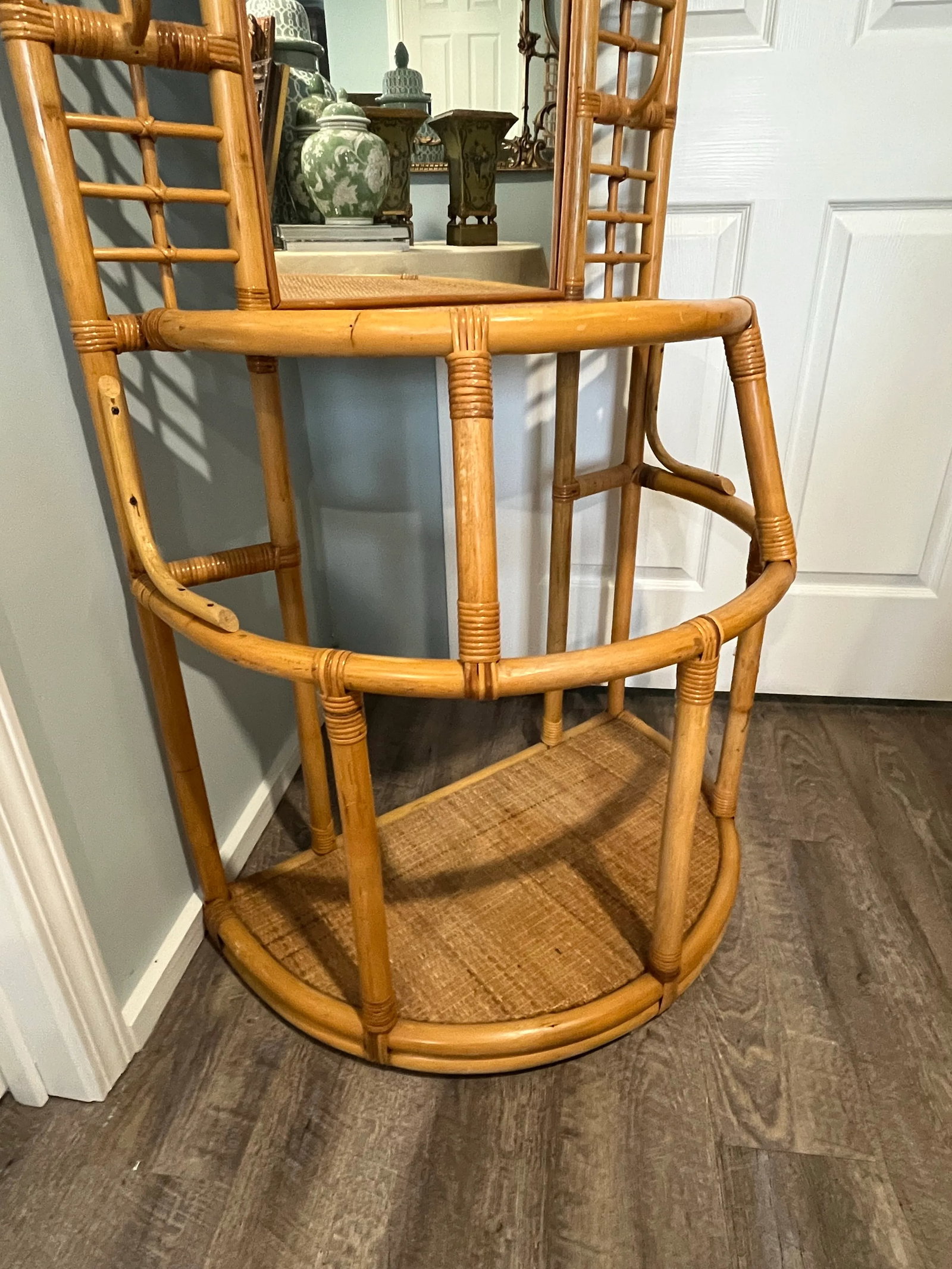 1960's Sculpted Rattan Cane Mirrored Hall Tree Coat Rack - 3