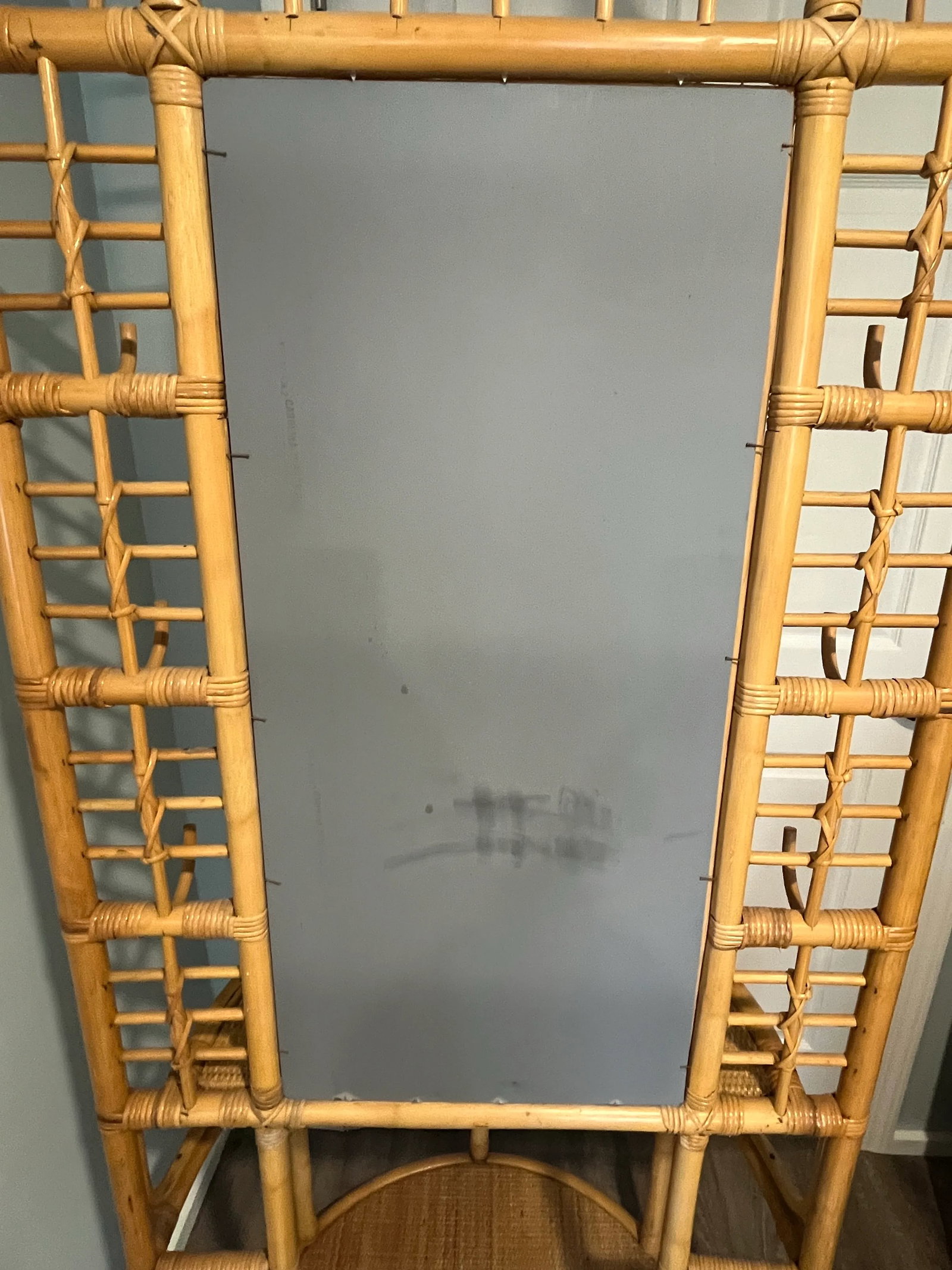 1960's Sculpted Rattan Cane Mirrored Hall Tree Coat Rack - 7