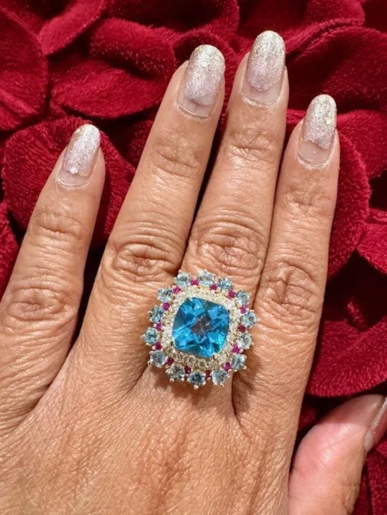 6.41 Carat Cushion Cut Blue Topaz Sapphire Diamond Yellow Gold Cocktail Ring Size 7 - 2