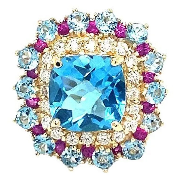 6.41 Carat Cushion Cut Blue Topaz Sapphire Diamond Yellow Gold Cocktail Ring Size 7 - 4