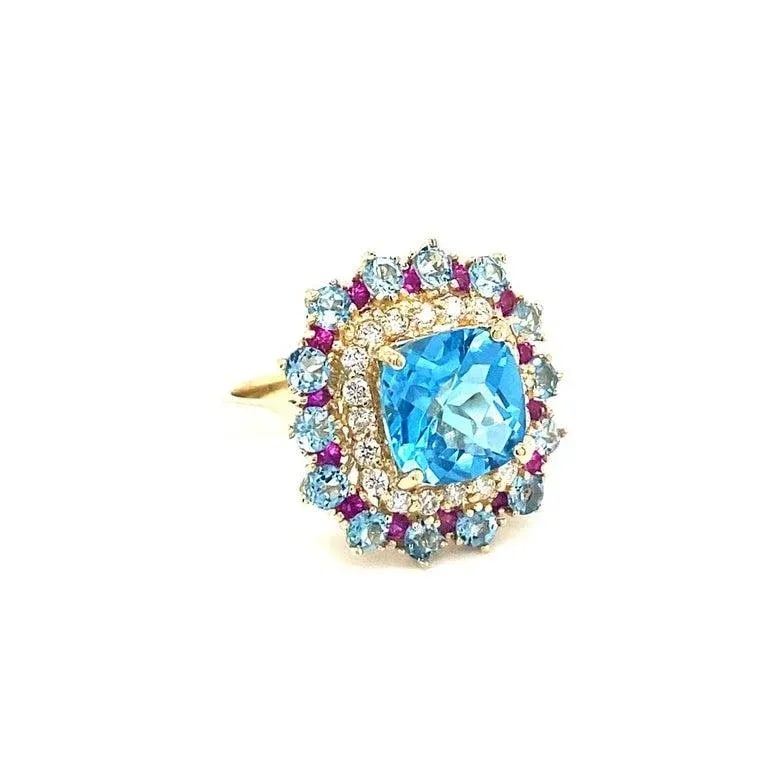 6.41 Carat Cushion Cut Blue Topaz Sapphire Diamond Yellow Gold Cocktail Ring Size 7 - 5