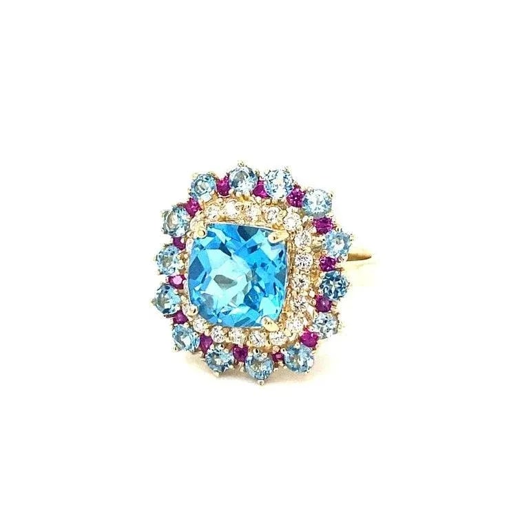 6.41 Carat Cushion Cut Blue Topaz Sapphire Diamond Yellow Gold Cocktail Ring Size 7 - 6