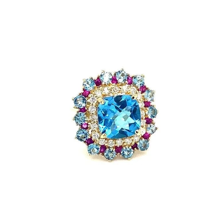 6.41 Carat Cushion Cut Blue Topaz Sapphire Diamond Yellow Gold Cocktail Ring Size 7 - 7