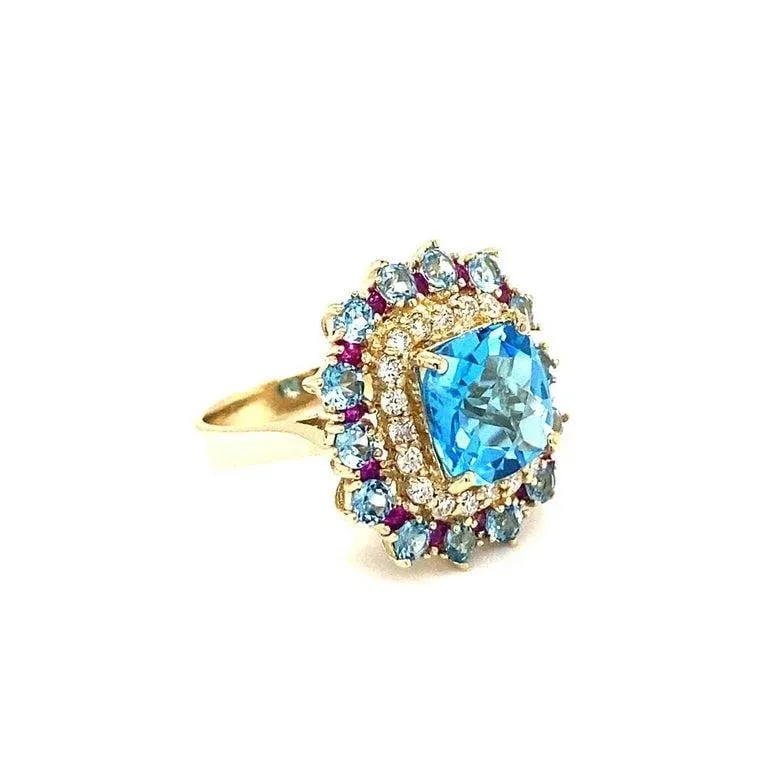 6.41 Carat Cushion Cut Blue Topaz Sapphire Diamond Yellow Gold Cocktail Ring Size 7 - 8