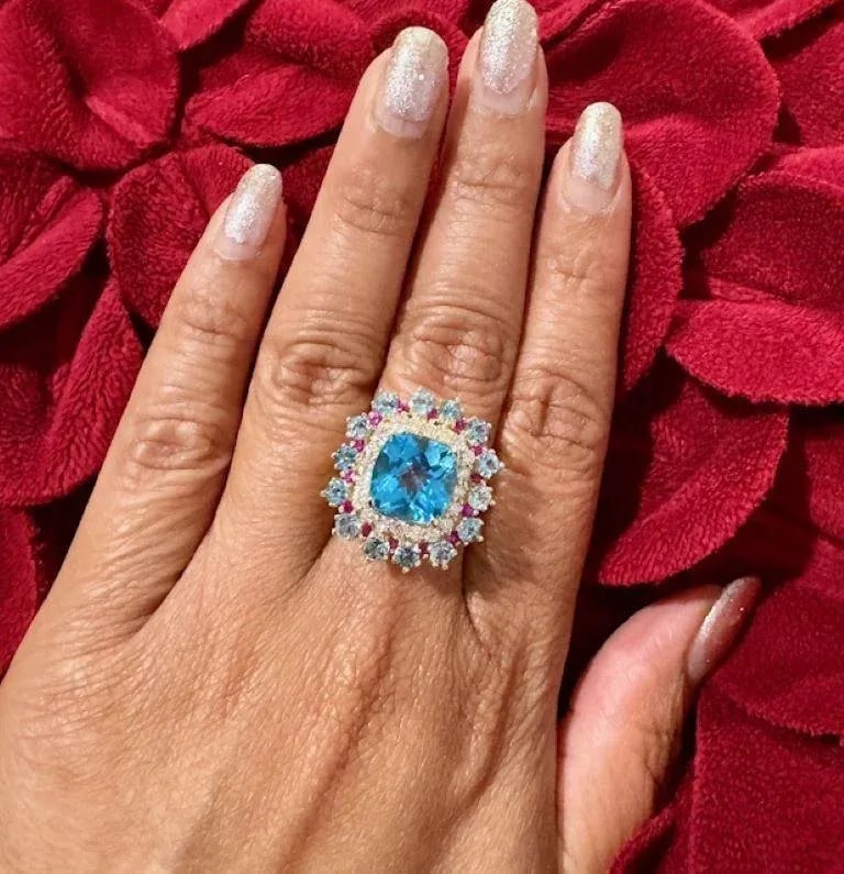 6.41 Carat Cushion Cut Blue Topaz Sapphire Diamond Yellow Gold Cocktail Ring Size 7 - 9