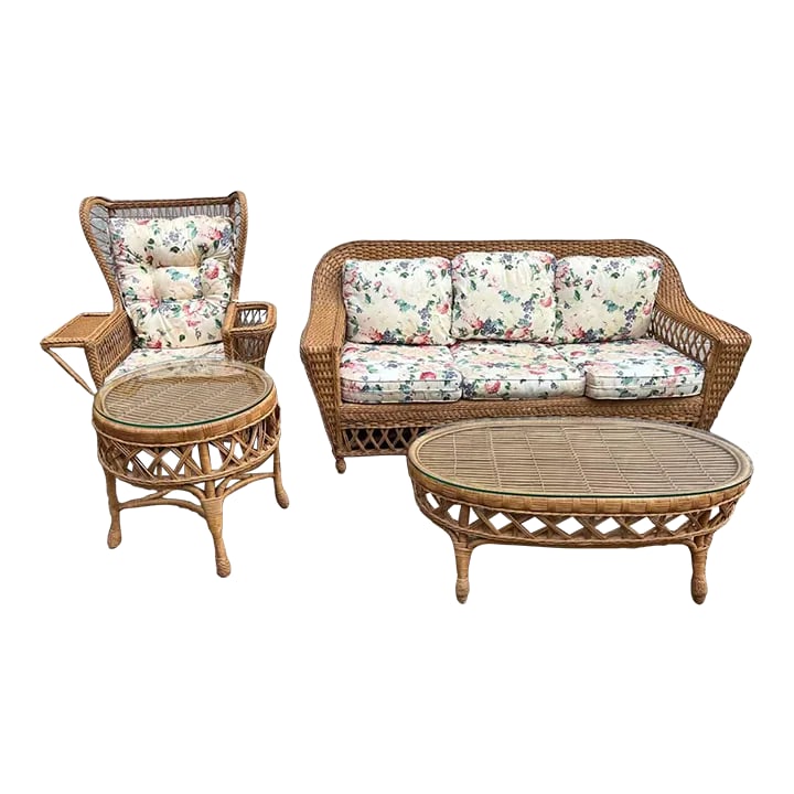 Late 20th Century Vintage Henry Link Furniture Wicker Sofa and Lounge Chair With Floral Cushions, Sm (1 of 12)