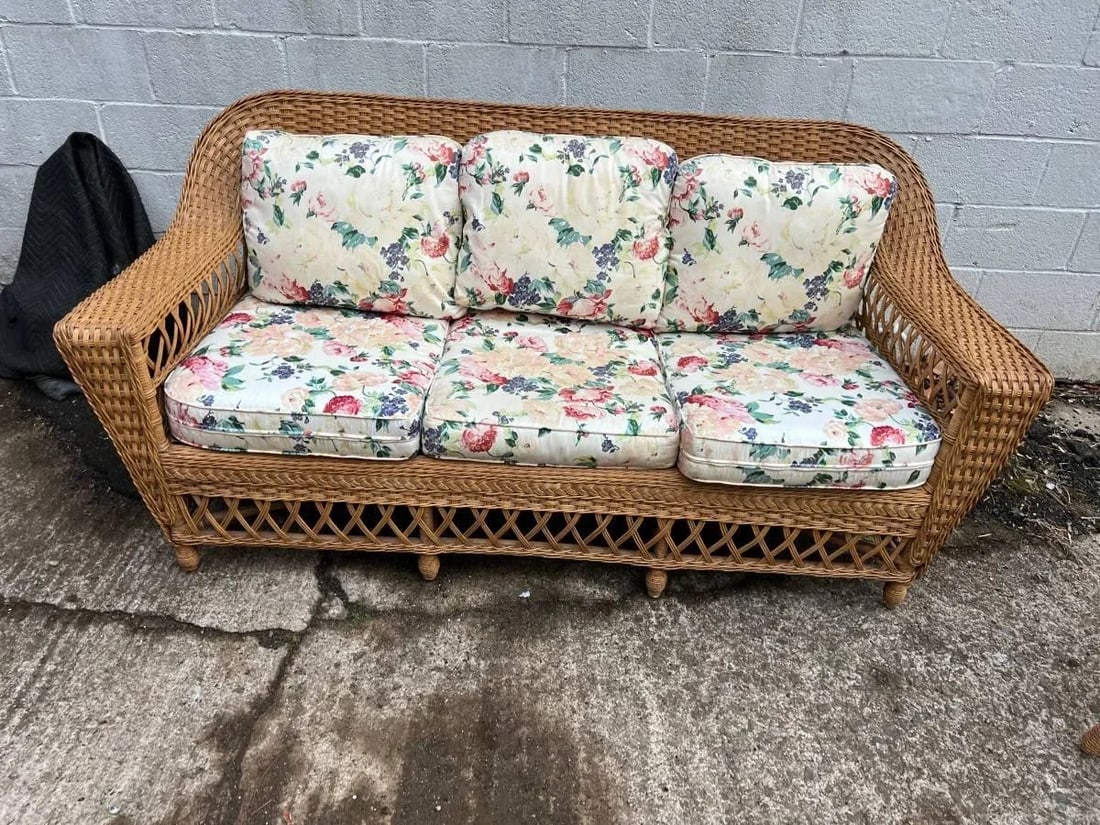 Late 20th Century Vintage Henry Link Furniture Wicker Sofa and Lounge Chair With Floral Cushions, Sm - 2