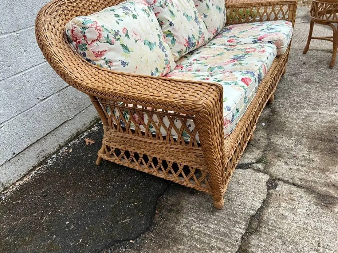 Late 20th Century Vintage Henry Link Furniture Wicker Sofa and Lounge Chair With Floral Cushions, Sm - 5