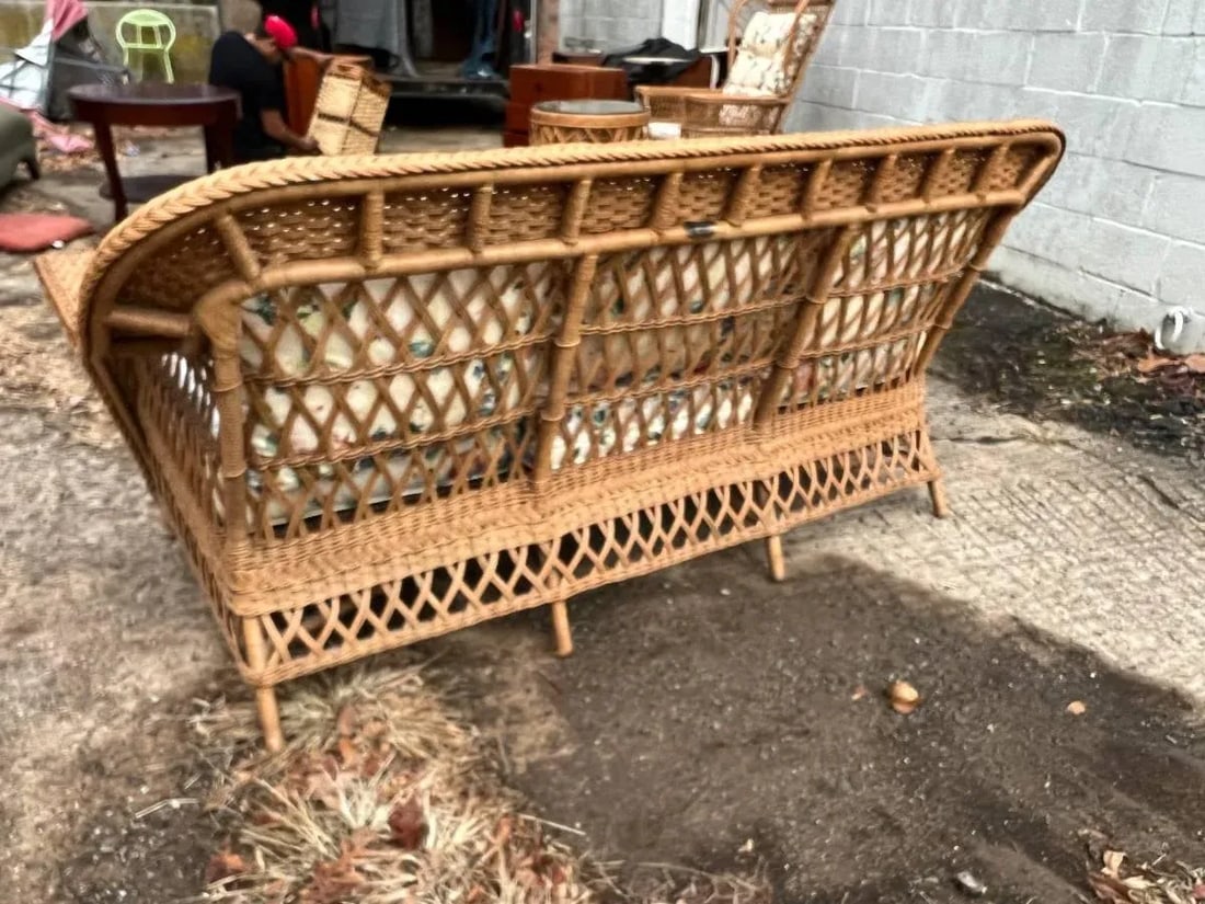 Late 20th Century Vintage Henry Link Furniture Wicker Sofa and Lounge Chair With Floral Cushions, Sm - 8