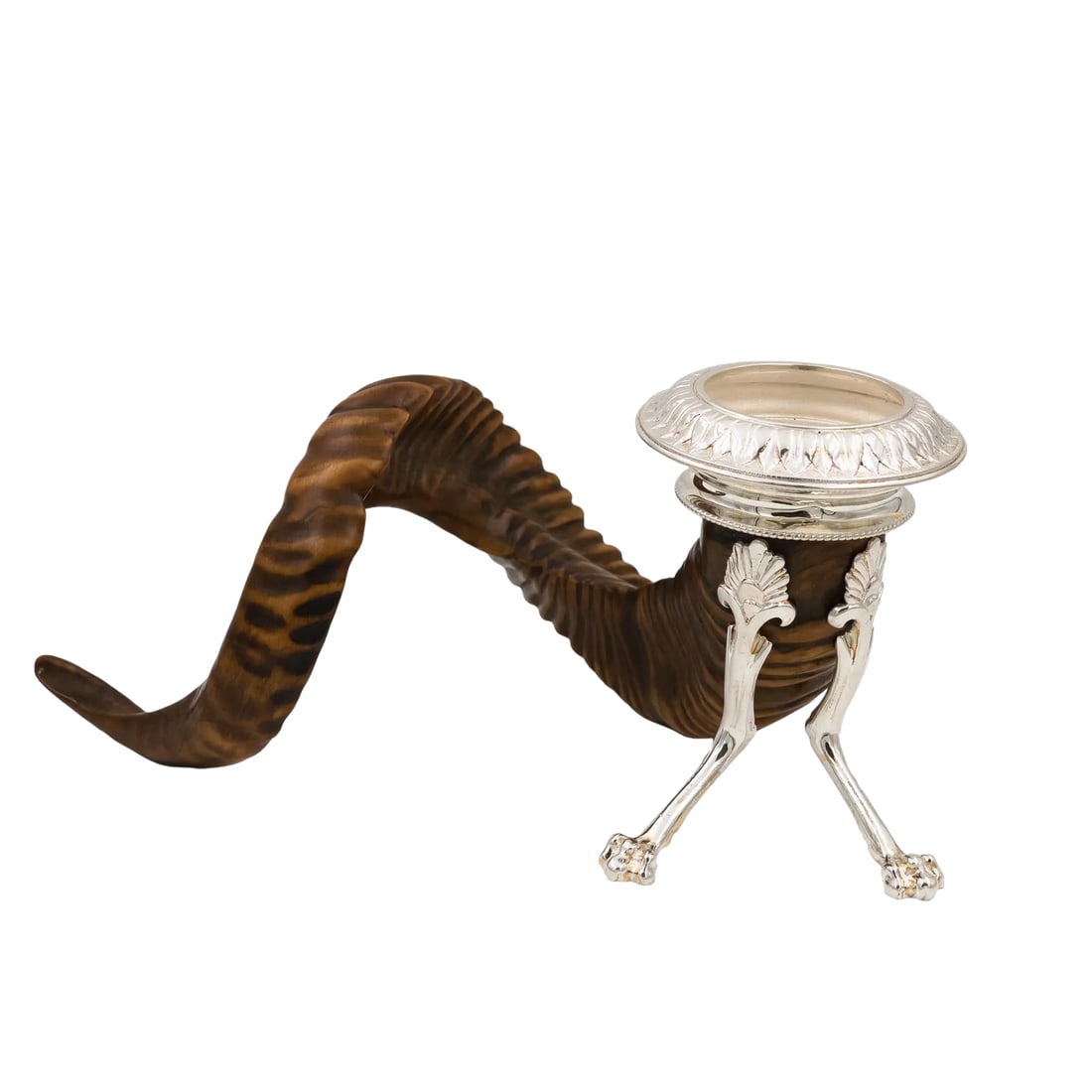 Scottish Rams Horn and Silver Candle Holder, Mid-19th Century: A single handsome Victorian-era Scottish ram's horn candle holder with silver mounts; repeating foliate decoration along the cup rim and a pair of animate and elegant supports each with plume crest an