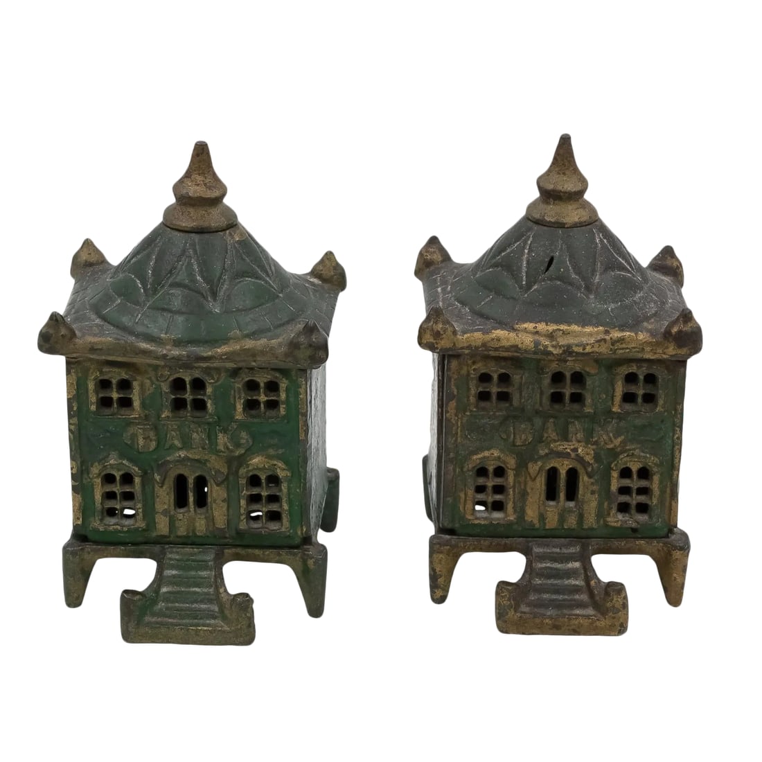Vintage English Victorian Cast Iron Architectural Still Banks C. 1880 - a Pair: A Pair of antique painted cast iron coin architectural still banks with most of their original green paint; English circa 1880. Sold as a pair. 1 height: 5 in. 13 cm., width: 3 in. 7.5 cm., depth: 3.5