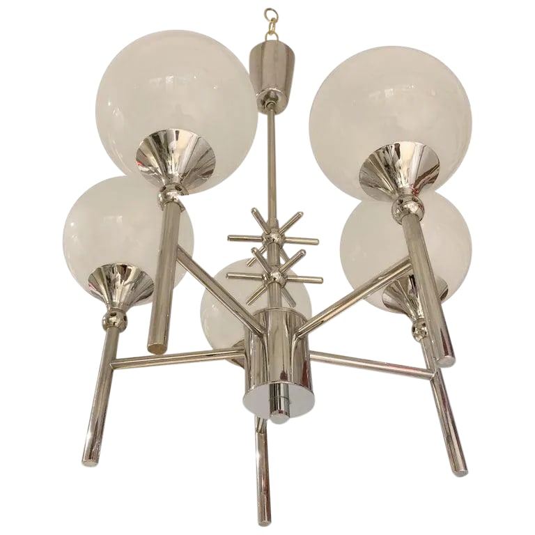 French Opaline 1970s 5-Light Chandelier: A wonderful French 1970s chrome 5-light fixture with opaline glass globe shades. Newly Rewired. Condition: Alterations: Original Condition Unaltered Imperfections: Some Imperfections Condition Notes: 