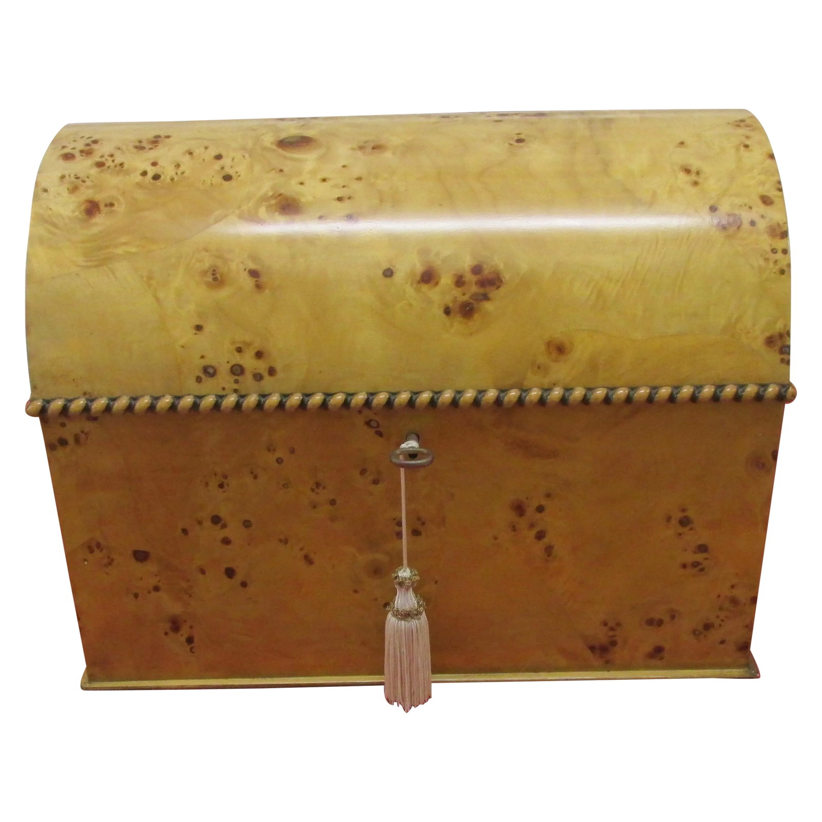 Late 20th Century Small Italian Olive Burl Wood Chest: Italian olive burl wood chest with half-round top and lock. Presumed to be manufactured in Italy circa 1980, this useful storage box has never been actively used and has spent most of its life