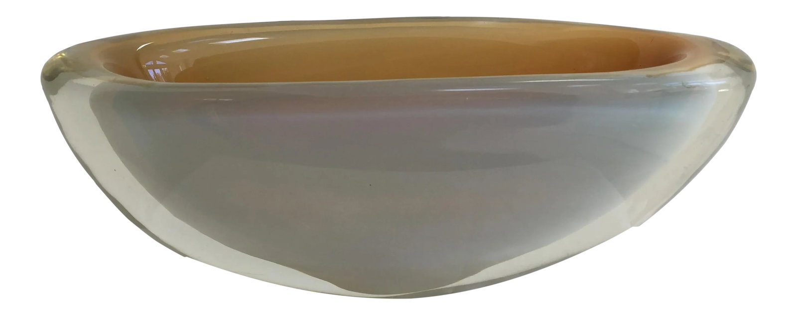 1960's Vintage Murano Italian Modern Glass Bowl: 1960's vintage Murano Glass bowl. Milky celadon colored exterior with golden ochre colored interior. Must see in person to experience the beauty of this piece. Extremely heavy and well made.