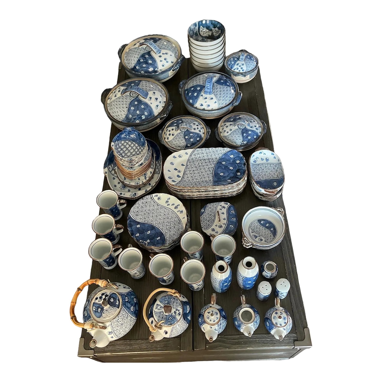 Late 20th Century Japanese Sometsuke Entertaining Set- 71 Pieces: RARE Vintage 1970 Japanese Entertaining Set. Elegant and bold. Crisp white and cobalt blue colors with cocoa brown drip glazed rims. Set contains: 2x Sake Bottles Measurement- 7" H 2.5" W 8x Coffee/Te