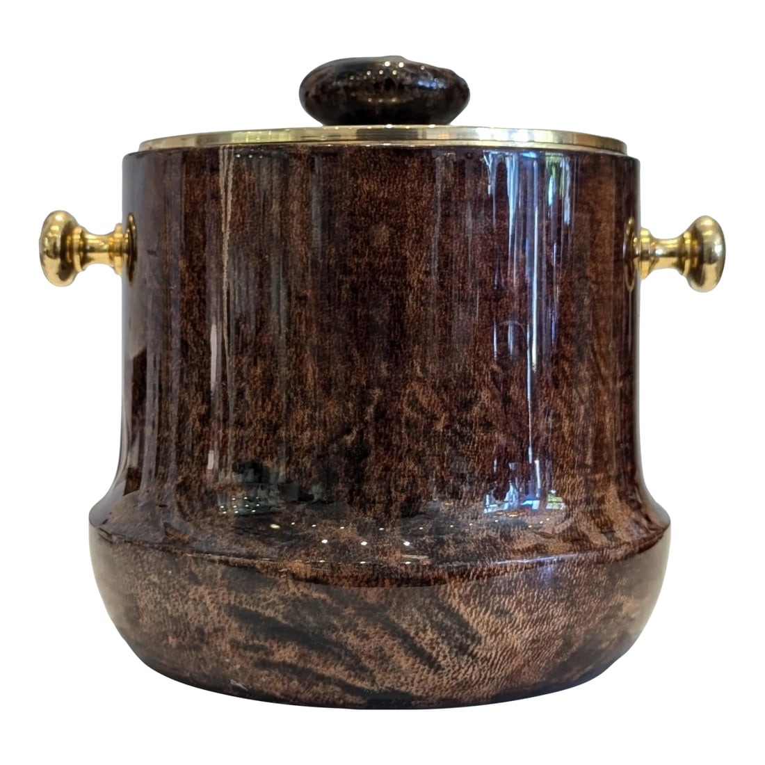 Aldo Tura Mid-Century Modern Brass and Lacquered Goatskin Ice Bucket: A classic piece of Mid-Century Modern design. This Aldo Tura ice bucket is a must-have for any collector or home bar enthusiast. Made in Italy from a mahogany base, the bucket is covered in lacquered