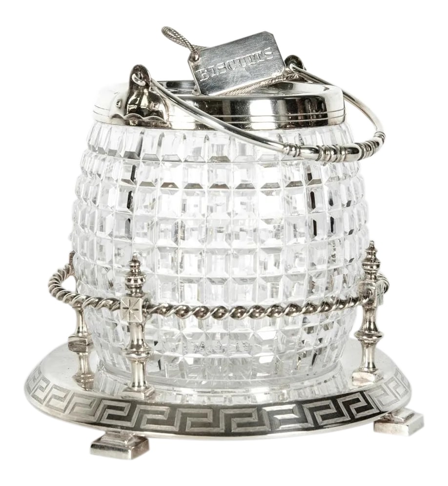 English Cut Crystal Barrel With Detachable Silver Plate Tray and Cover: Antique English Cut Crystal Barrel Biscuit With Detachable Silver Plate Holding Basket Tray And Cover. The Piece Measures 9 Inches High To The Handle And About 6 Inches Diameter. The Silver Plate Hold