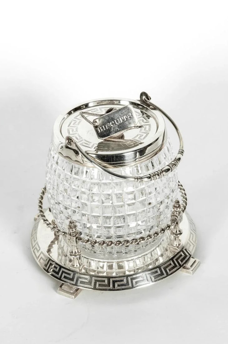 English Cut Crystal Barrel With Detachable Silver Plate Tray and Cover - 2