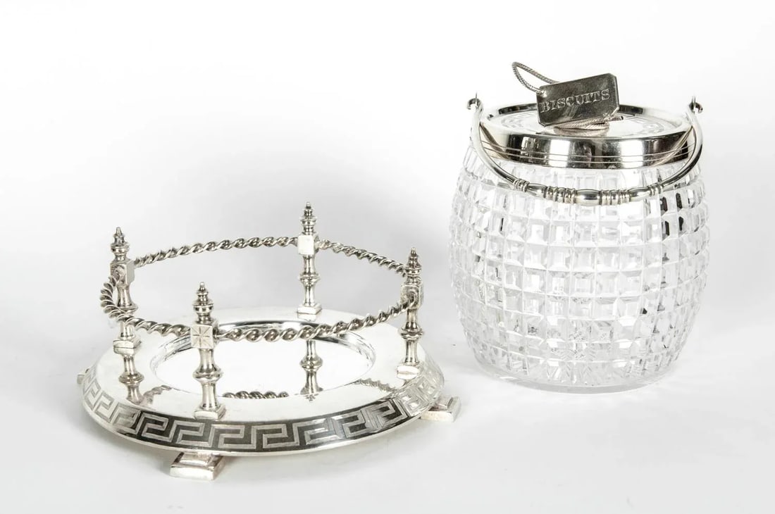 English Cut Crystal Barrel With Detachable Silver Plate Tray and Cover - 3