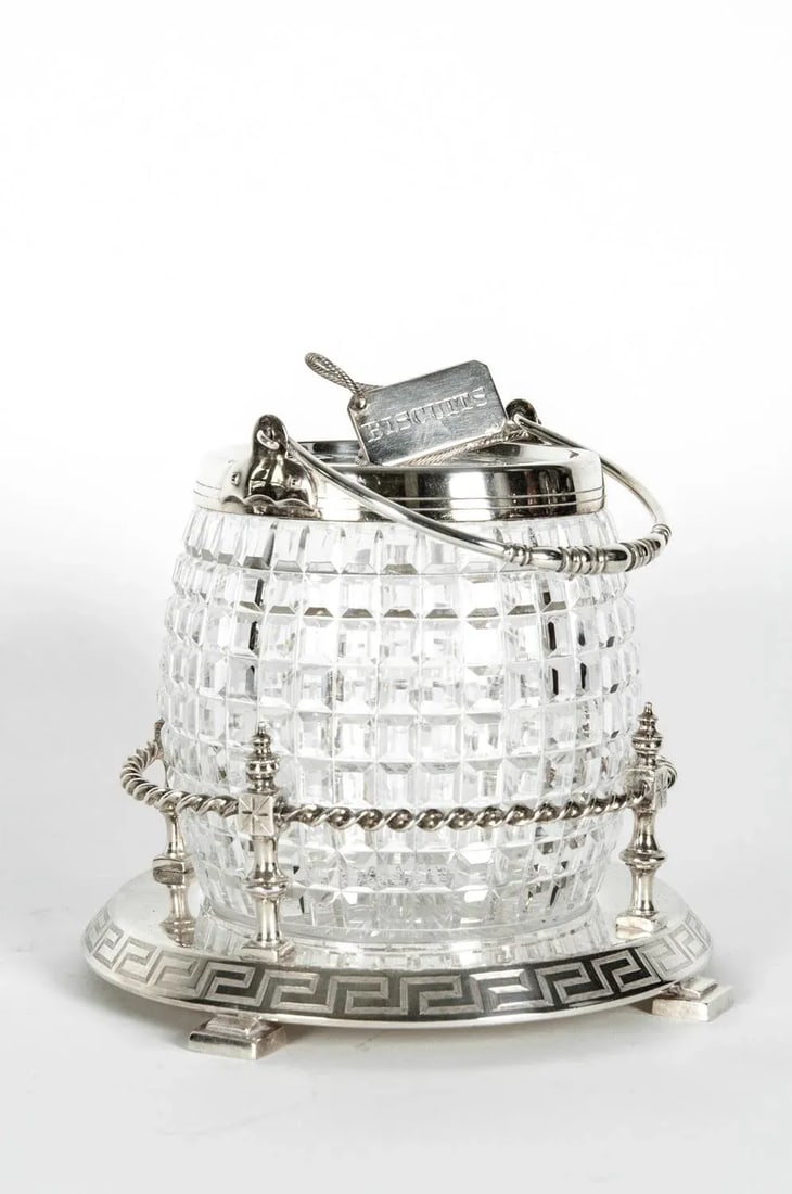 English Cut Crystal Barrel With Detachable Silver Plate Tray and Cover - 4