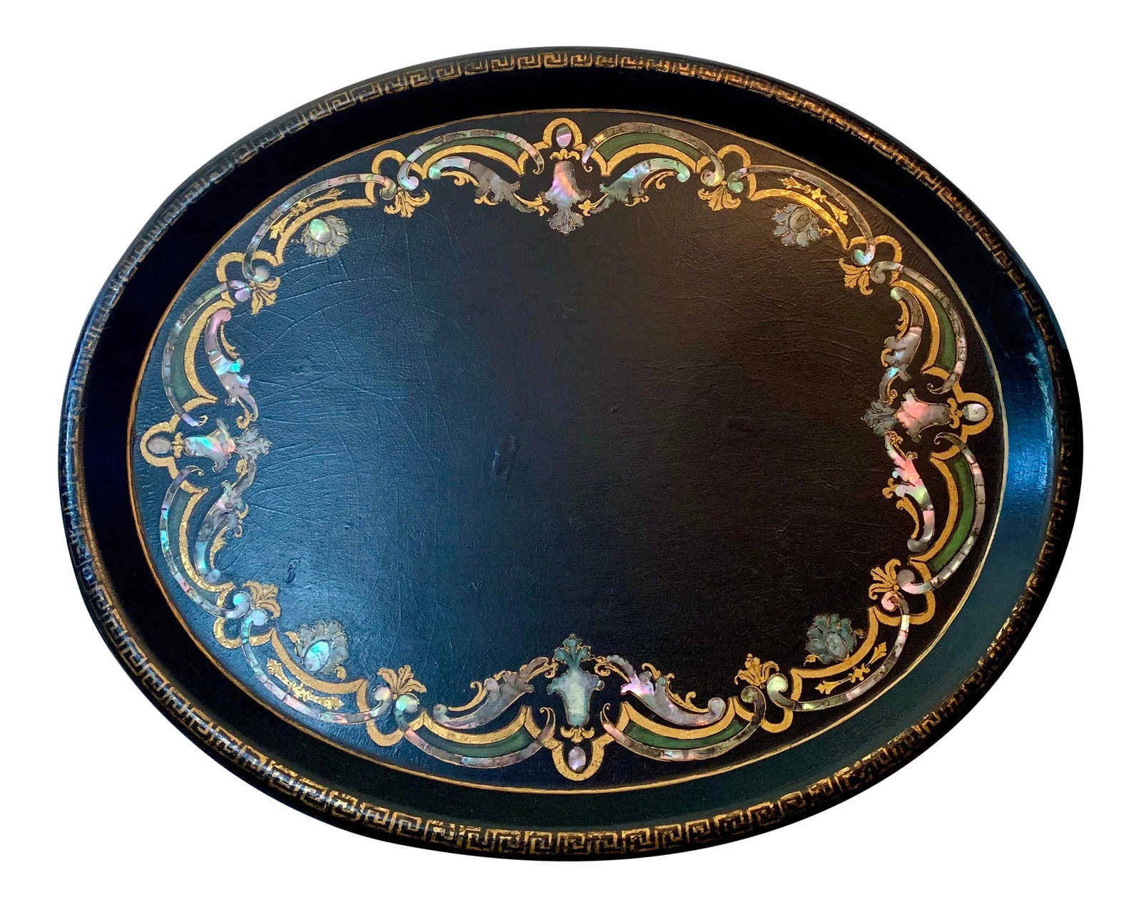 19th Century Black Paper Mache VictorianTray With Mother of Pearl Inlay: Fabulous black Papier Mache Victorian Tray with Mother of Pearl Inlay. Great statement piece on an ottoman or hanging on a wall. Condition: Alterations: Restored Imperfections: Some Imperfections