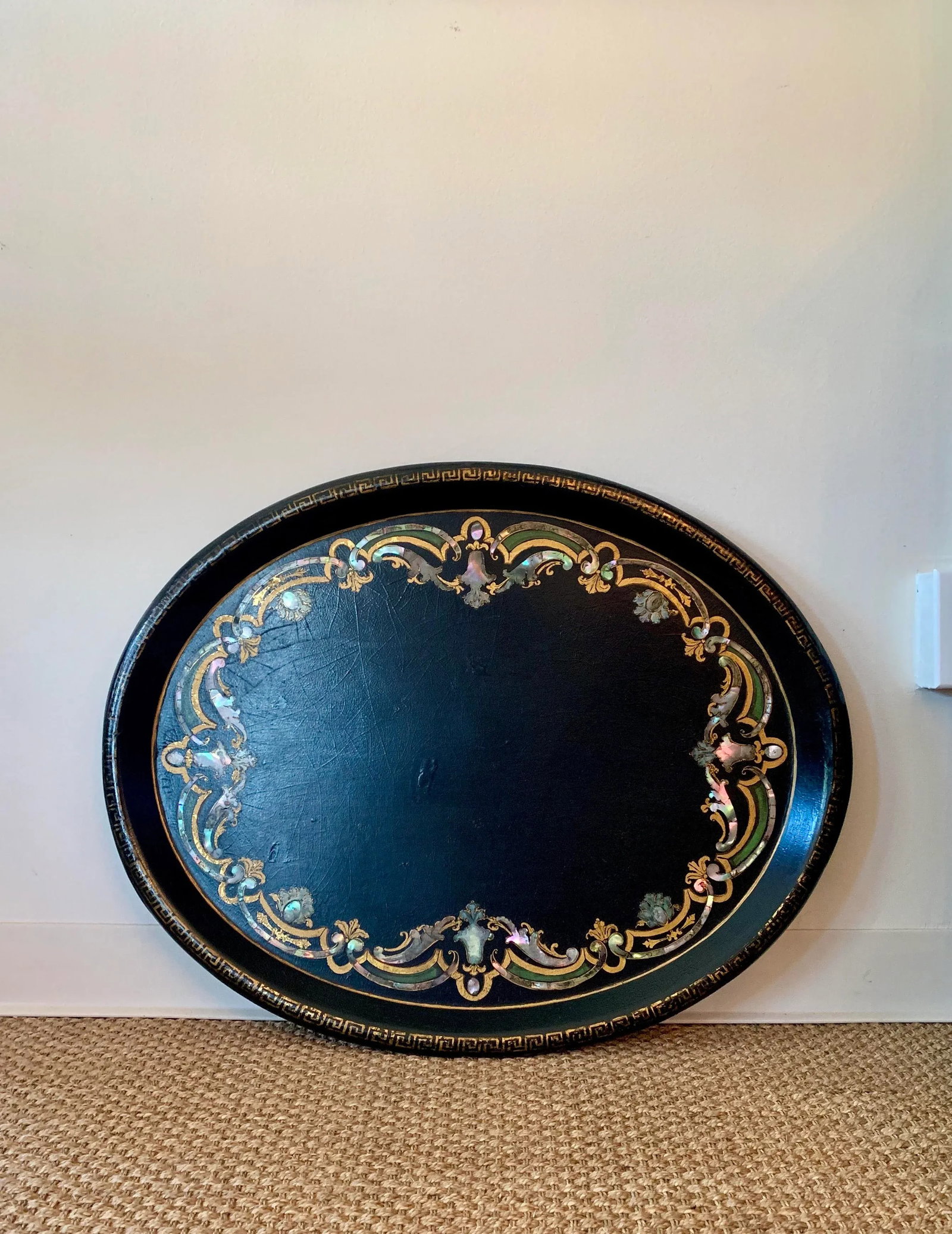 19th Century Black Paper Mache VictorianTray With Mother of Pearl Inlay - 2