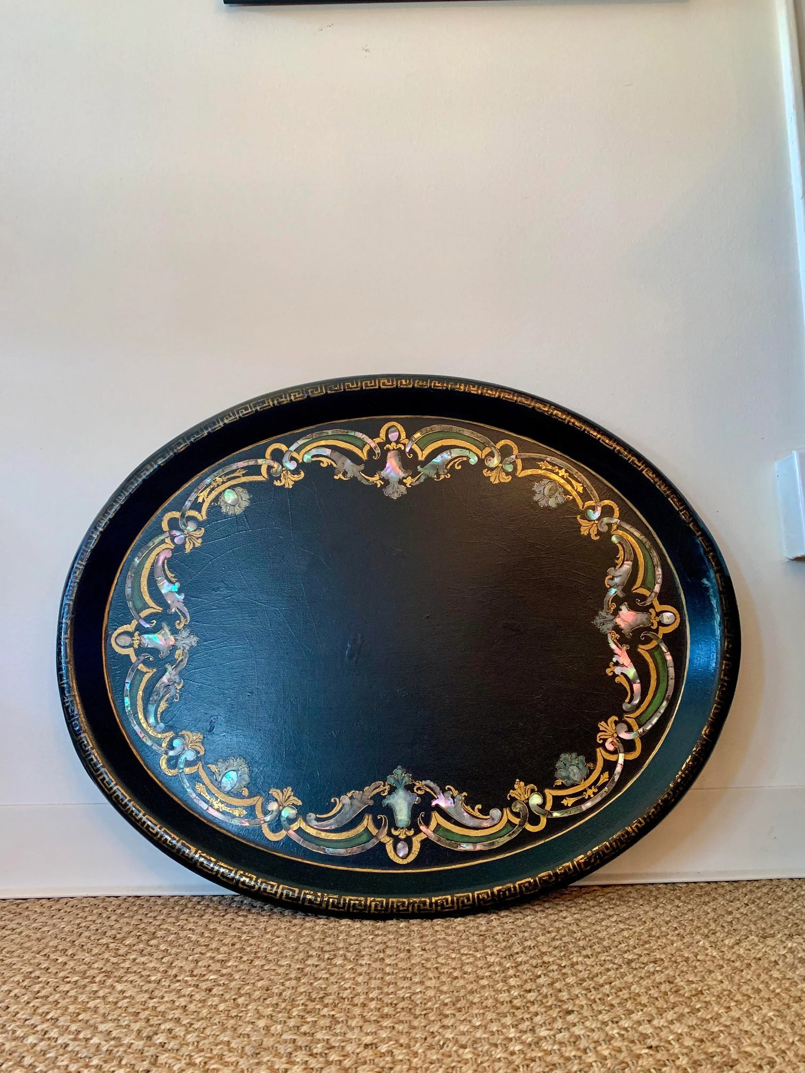 19th Century Black Paper Mache VictorianTray With Mother of Pearl Inlay - 7