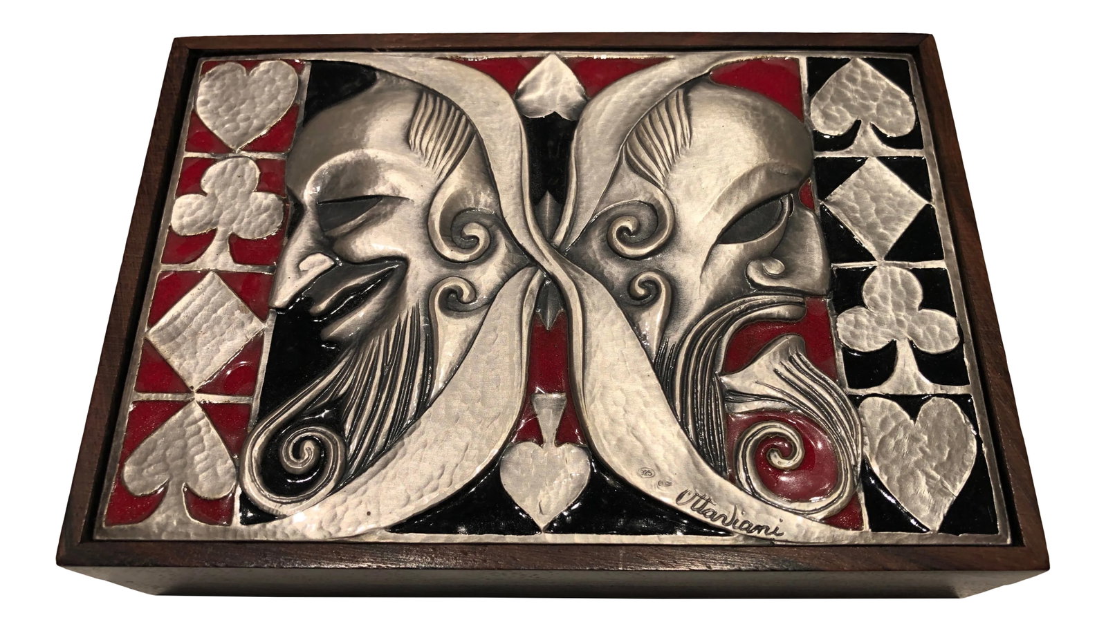 Ottaviani Mid-Century Modernist Italian Sterling Silver and Enamel Box: Intriguing box by famed Italian jeweler, Ottaviani. Depicts the heads of comedy and tragedy flanked by playing card symbols. The box is made of palisander wood, sterling silver, and black and red