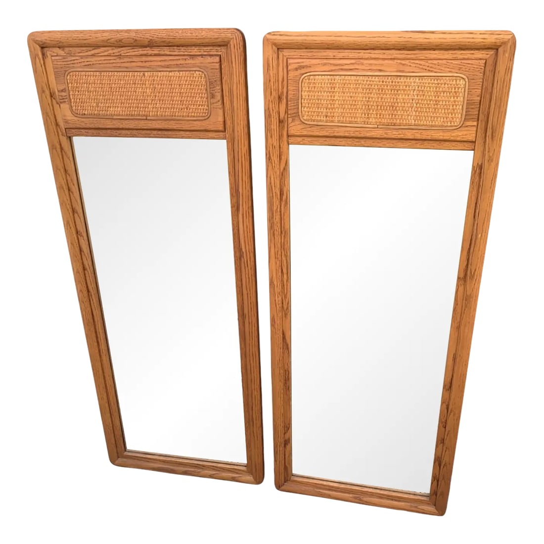 Pair of Lane Mid-Century Mirrors: Beautiful American mid-century pair of mirrors in wonderful vintage condition with no breaks to the cane its perfect. Finely crafted. Easily mounts to the wall or dresser. Labeled Lane. Numbered on