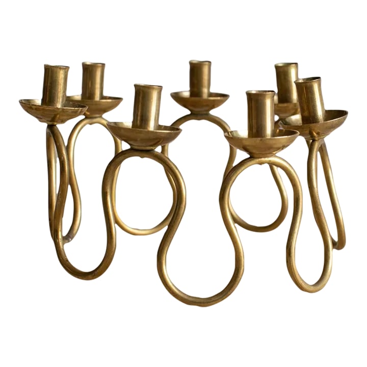 1940s Arvika Centerpiece 6 Candelabra: Mid Century Modern Arvika centerpiece 6 candle holder by Lars Holmstrom for Svenskt Tenn Sweden, 1940s brass DIMENSIONS 7 h x 4 d in Condition: Alterations: Original Condition Unaltered