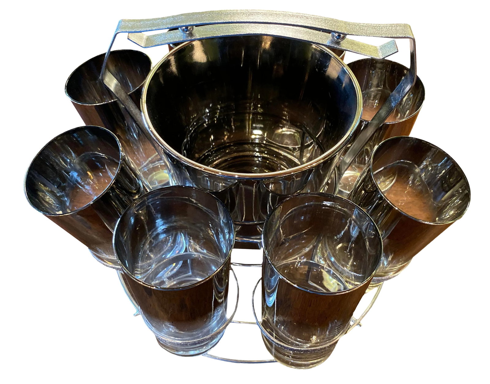 Mid 20th Century Dorothy Thorpe Glassware Set - Set of 10: Serve up some fun with this retro Dorothy Thorpe eight glasses set with silver trim and a matching ice bucket in a convenient ready to carry round caddy. 12" Diameter x 9" High Condition: Alterations: