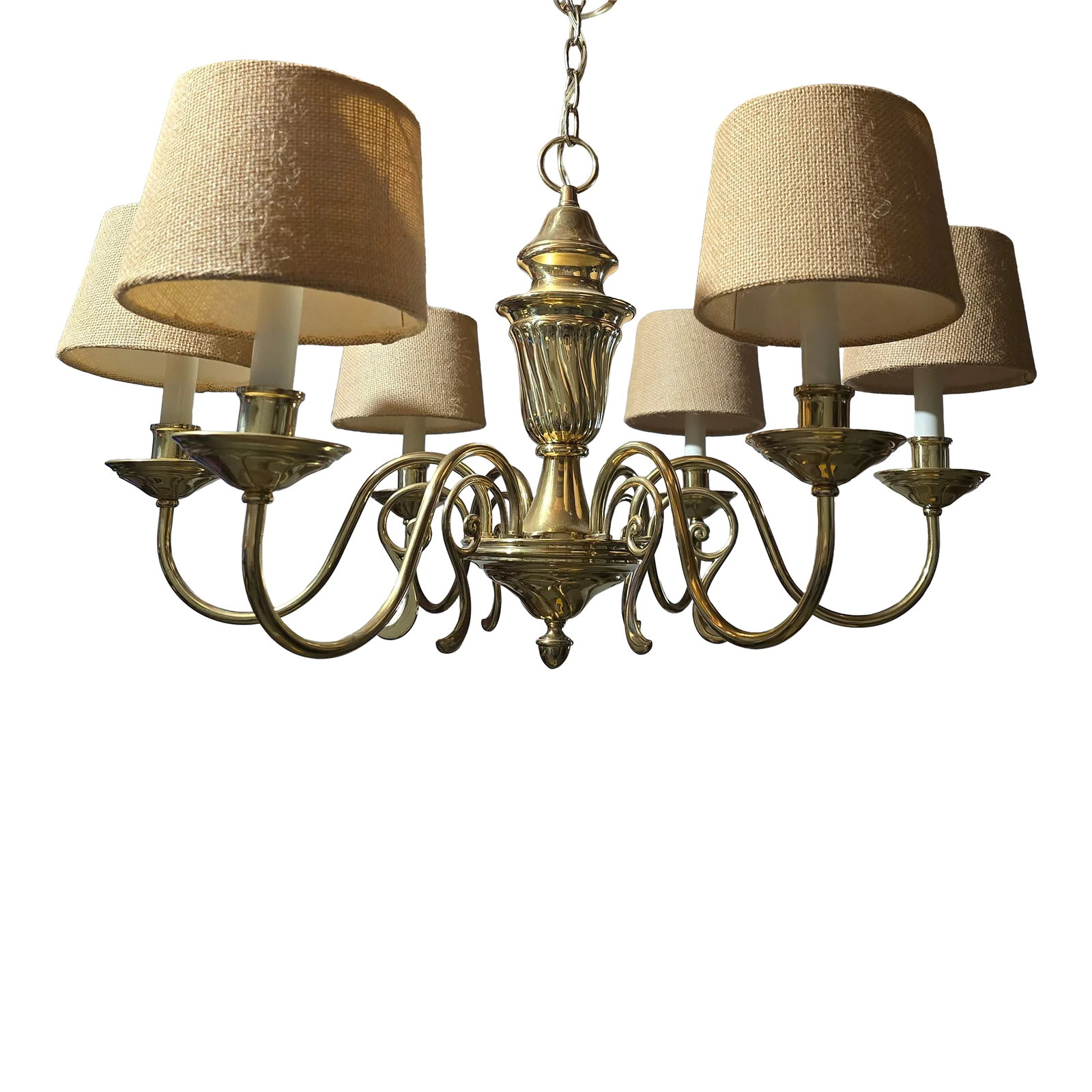 Vintage Flemish Style Candle Chandelier: Simple and classic. This understated Flemish Style chandelier has six burlap shades and will mix with almost any color pallet - while bringing a little bling and texture to the interior. Rescued from