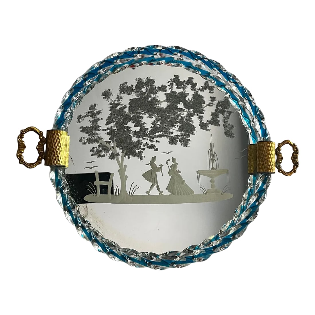 1940s Venetian Murano Style Blue Dresser Tray: 1940s vintage Italian etched Murano style glass tray with a classic scene motif. The edge of the tray features a blue twisted glass border with ornate brass handles . Wood board liner on underside.