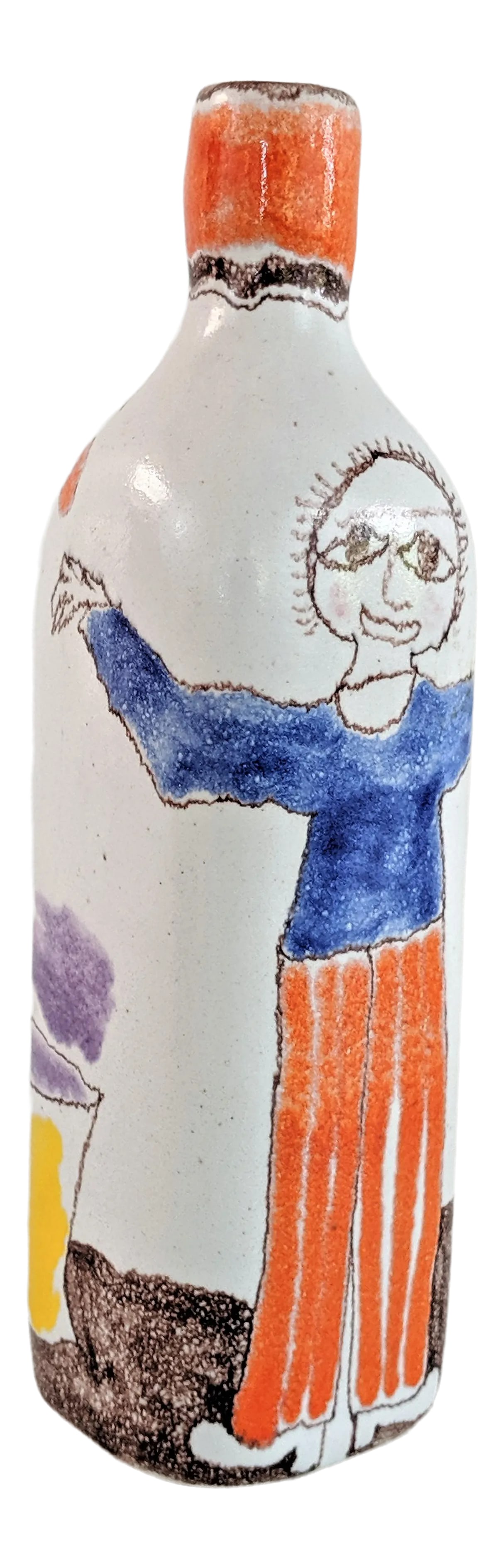 Italian Giovanni Desimone Hand Painted Pottery, Decanter, Vessel: Original Italian Giovanni Desimone hand painted pottery, decanter, vessel. The graphics depict a person, tree and some sort of cauldron with purple smoke coming out of it. Bright colors! Marked on