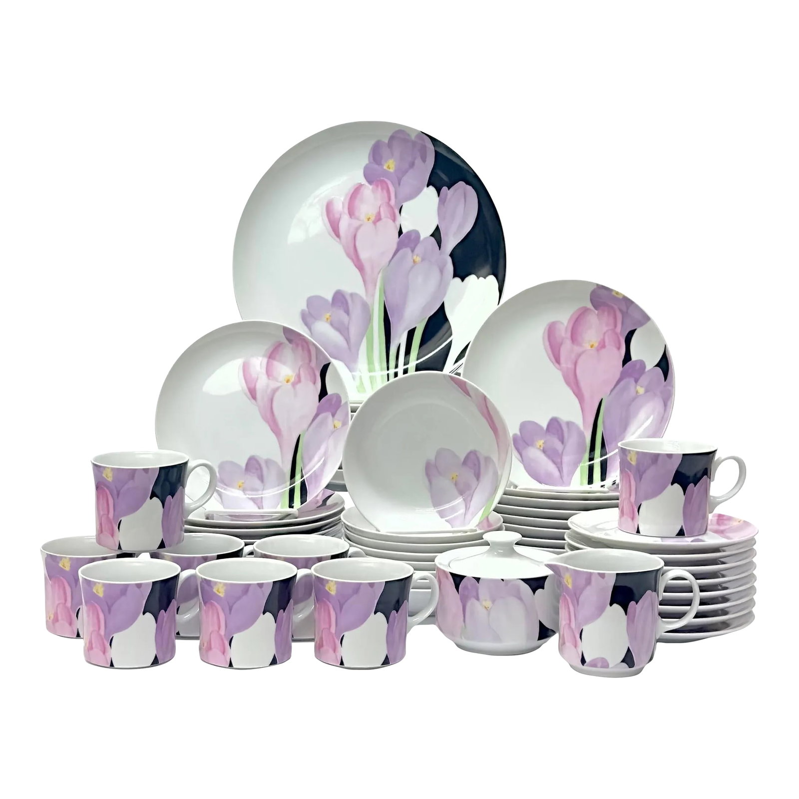 Mikasa Fine Porcelain 'Vogue' Tulip Dinnerset - Place Settings for 8 / 50 Pieces: Tulip dinner set, group of 50. This gorgeous art deco tulip fine porcelain dinner set was crafted by Mikasa in Japan during the mid-20th century. This set features the Vogue design with a white base, 