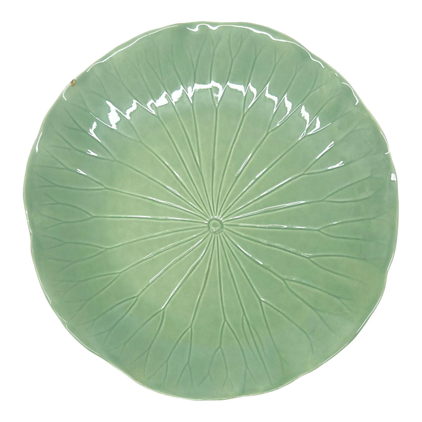 Gigantic Lotus Serving Platter by Poppytrail for Metlox: Green lotus serving platter This is a gorgeous large ceramic Metlox decorative platter. It is a textural lotus leaf motif platter in a mint green colorway, produced in Manhattan Beach, California