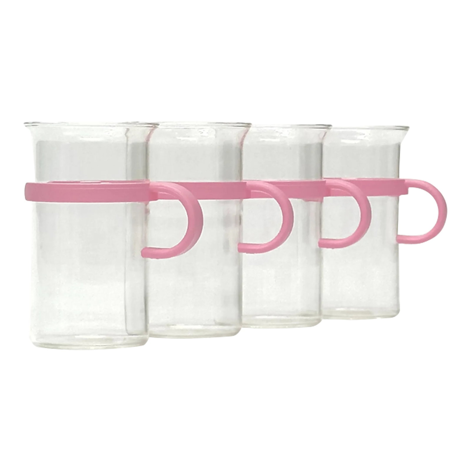 1980s Hot Beverage Glasses With Pink Carriers by Bodum - Set of 4: Pink and clear cups, group of 4. Experience the playful charm of this Bodum cup set, a delightful ensemble of pink and transparent clear elements. Each cup consists of two parts: a sleek pink handle