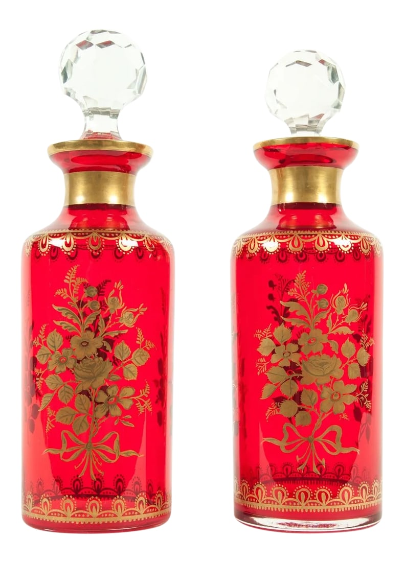 Late 19th Century French Decanter Set With 24k Gold Design - a Pair: Antique pair of French decanter set with 24-karat gold floral design. Excellent condition. Each decanter measures 11 inches high x 3.5 base diameter. Condition: Alterations: Original Condition