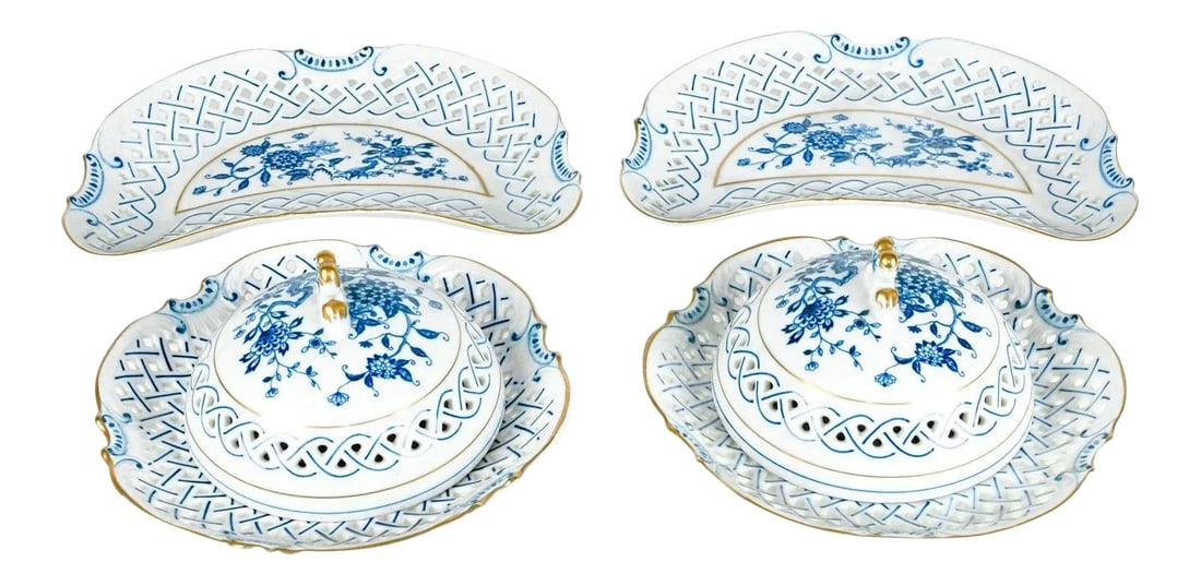 4 Piece Set of Porcelain Tableware: Vintage set of four pieces English porcelain table serveware set. All in excellent condition. The covered dome piece measure 8 inches diameter X 4 inches high. The half moon shape dish measure 9.5 inc