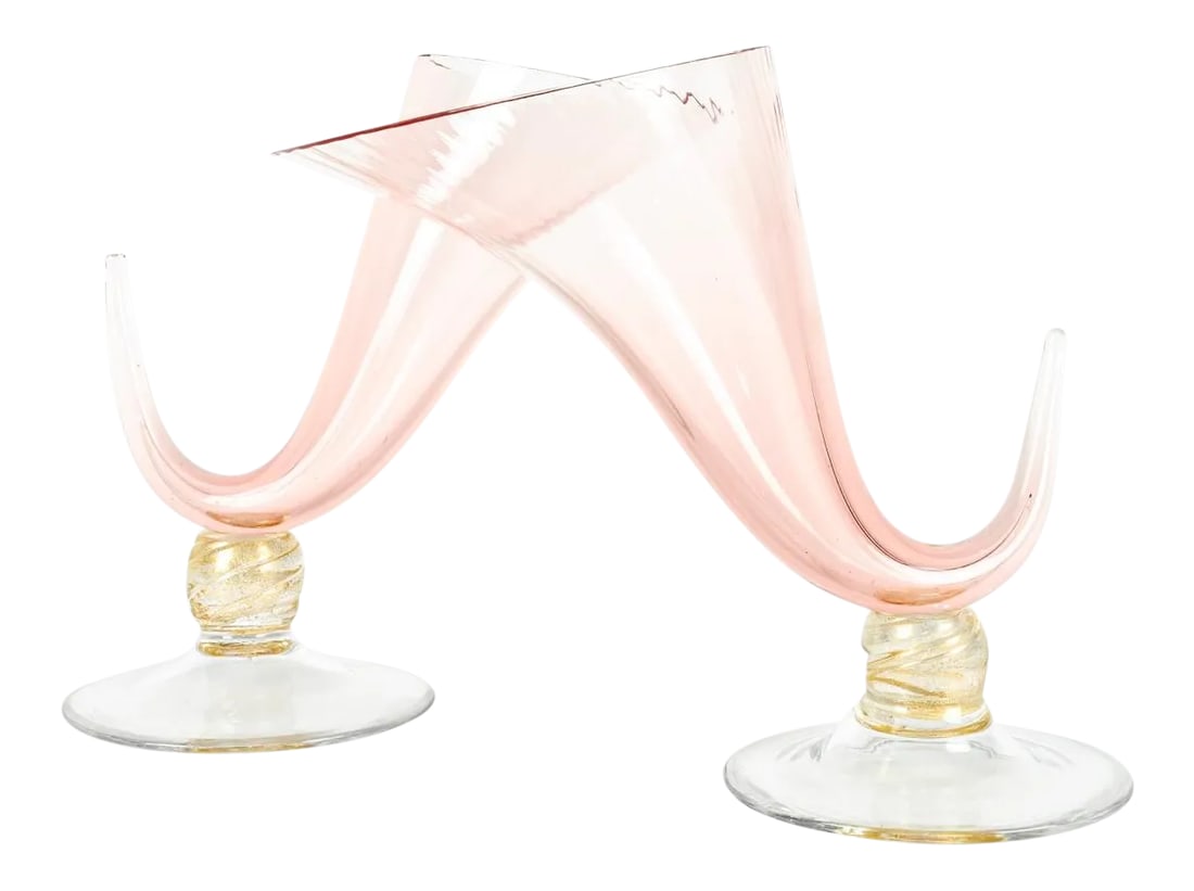 1950s Murano Glass Ram Horn Art Deco Style Vases - a Pair: Beautiful Mid-Century Modern Art Deco style Ice pink color ram Horn swirl design pair of Murano glass decorative pieces or vases. Each piece measures 11 inches high x 7 inches top diameter x 6 inches