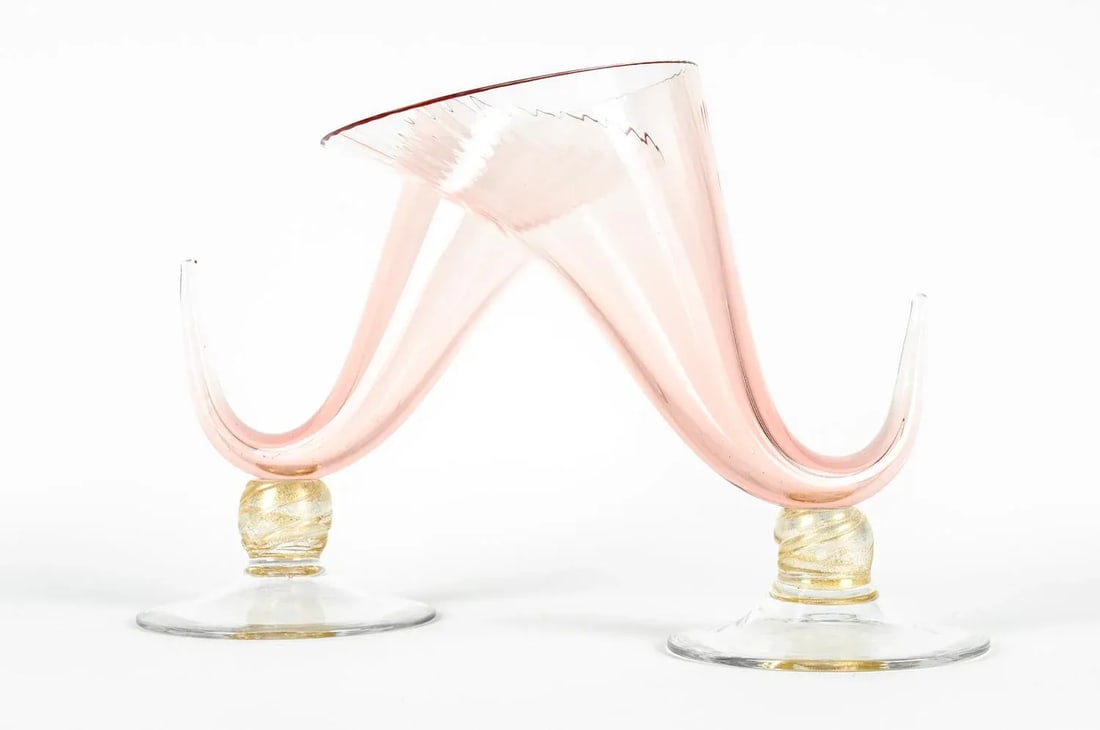 1950s Murano Glass Ram Horn Art Deco Style Vases - a Pair - 2