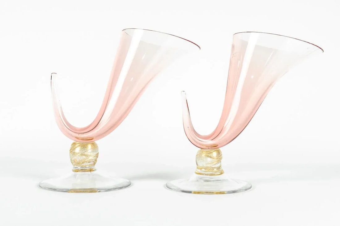 1950s Murano Glass Ram Horn Art Deco Style Vases - a Pair - 3
