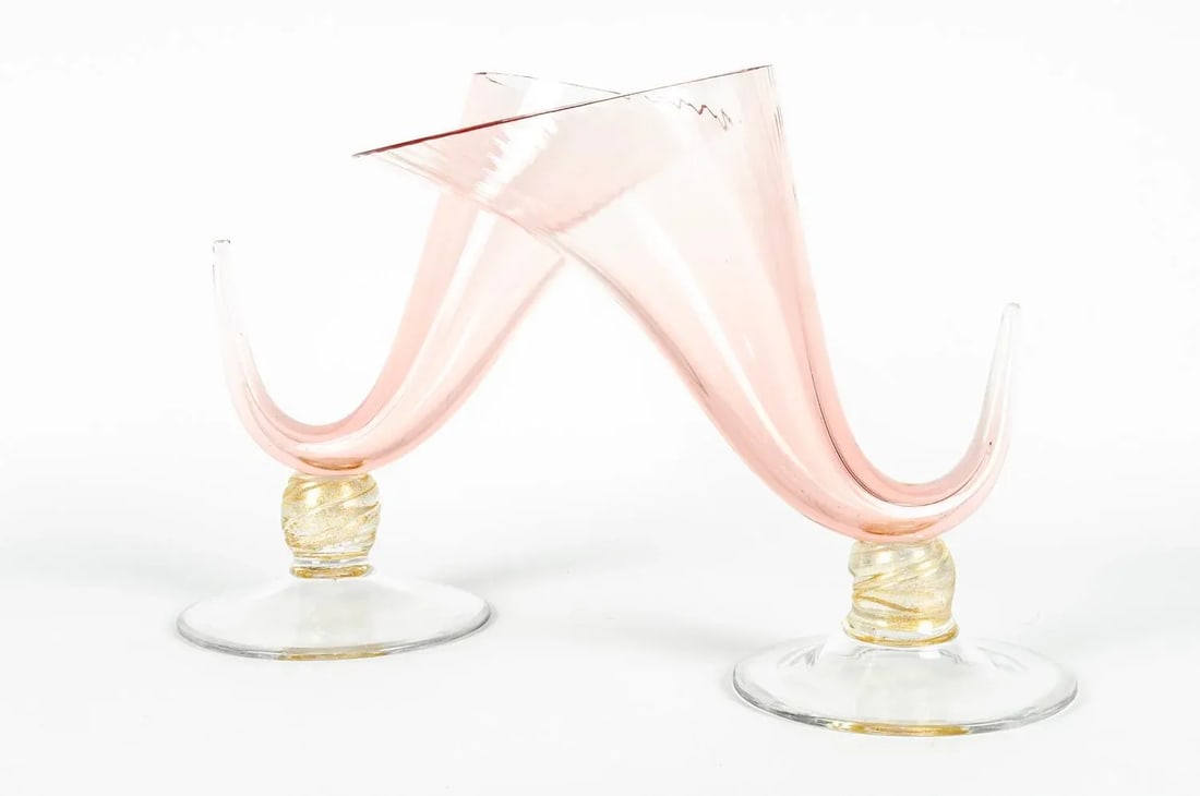 1950s Murano Glass Ram Horn Art Deco Style Vases - a Pair - 4
