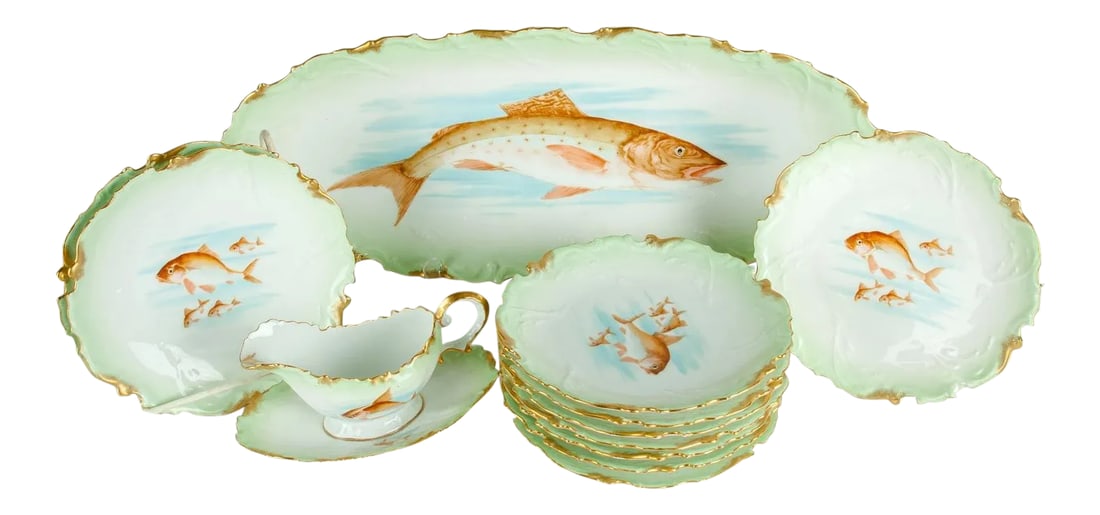 Limoges Victorian Era Porcelain With 22k Gold Details & Hand Painted Fish Serving Set of 13 (1 of 8)