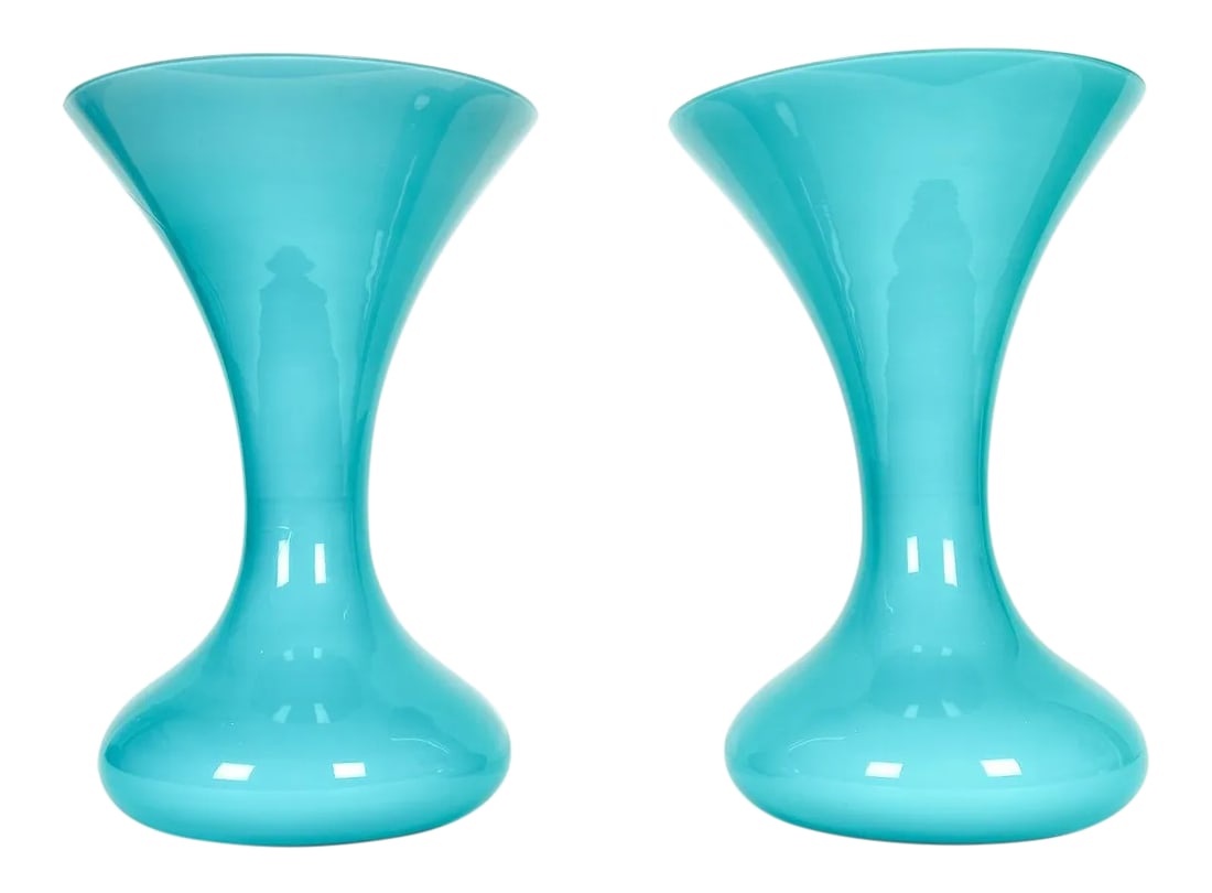 Mid Century Modern Art Deco Murano Glass Vases - a Pair: Mid-Century Modern Art Deco style Murano glass decorative pieces or vases. Each vase is in excellent condition and measure 11 inches high x 7.5 inches diameter. Condition: Alterations: Original