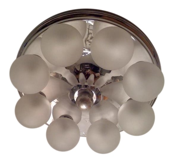1970s Vintage Kinkeldey Flush Light: A high style 1970s wall or flush ceiling light by the German maker, Kinkeldey. A curved circular chrome fixture holding eight frosted glass ball shades. Condition: Alterations: Original Condition
