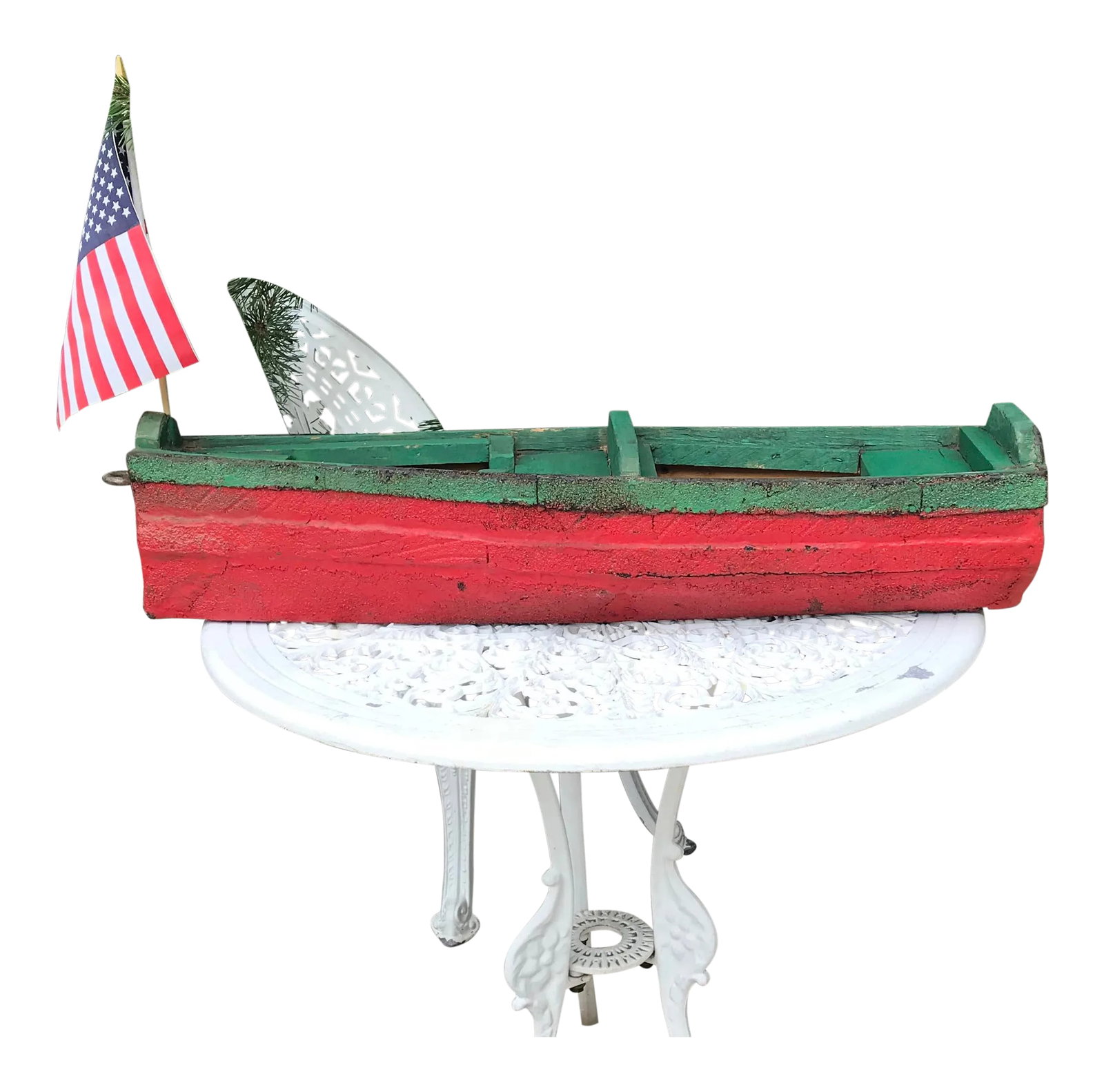 Folk Art Pond Boat: 1920's Folk Art Pond Boat. Original from a Door County boat house. Makes a fabulous summer centerpiece or presents at Christmas! Condition: Alterations: Original Condition Unaltered Imperfections: