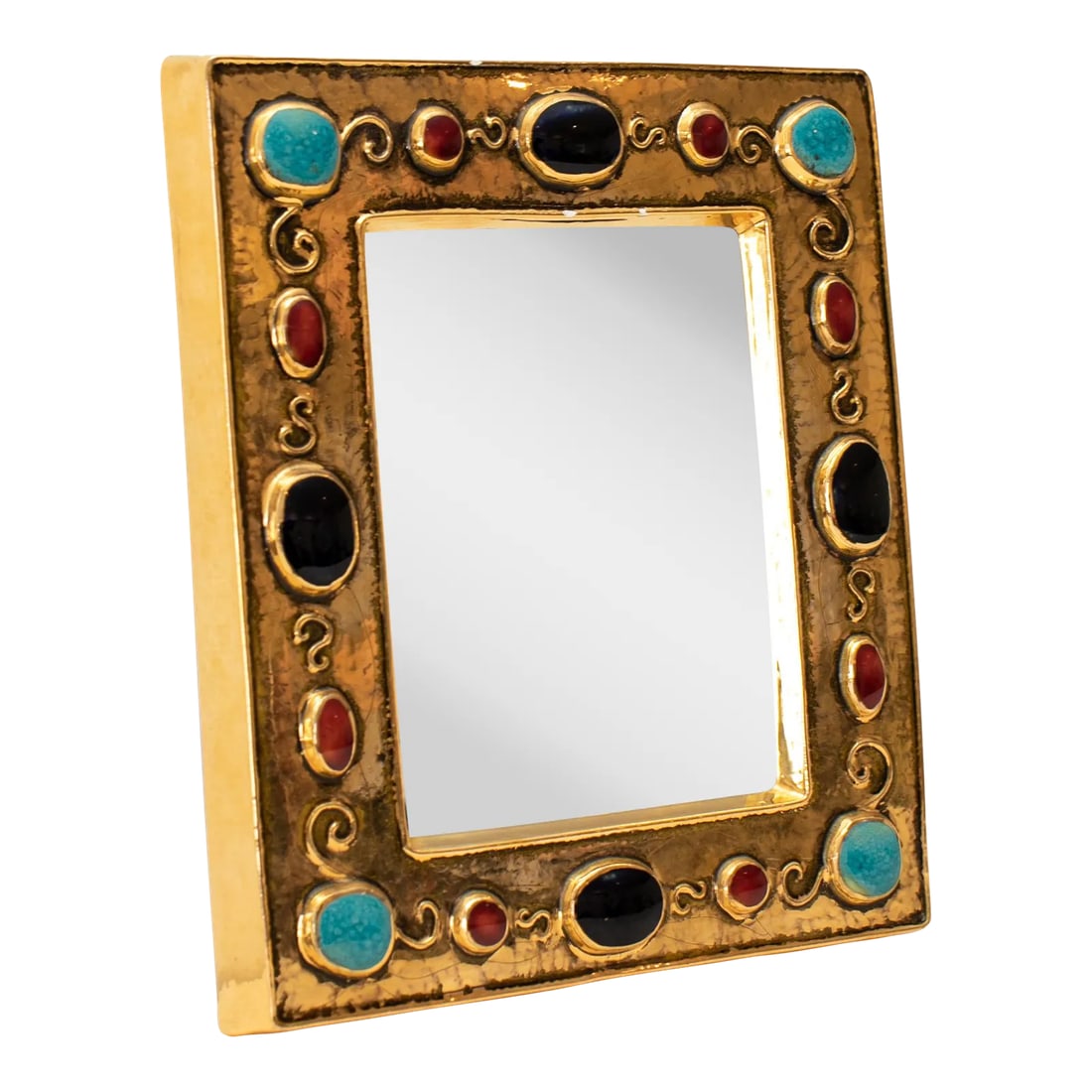 1960s Turquoise, Red & Black Francois Lembo Jeweled Mirror: Gold ceramic mirror with turquoise, red and black jewel embellishment France, 1960's turquoise, red, black jewels, gold ceramic DIMENSIONS 8.75 h x 7.25 w Condition: Alterations: Original Condition