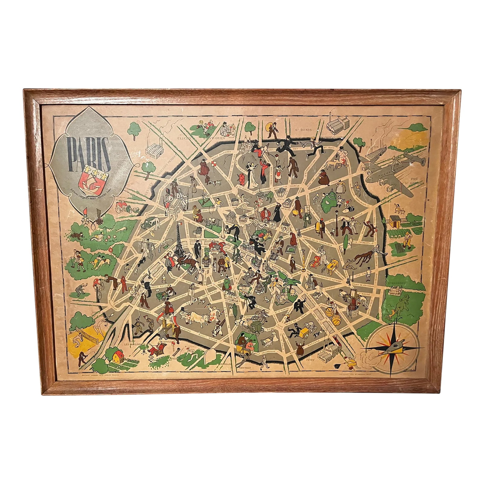 Paris Art Deco Cartoon Style Map From 1949: 1949 Art Deco cartoon style map of Paris that depicts witty references to Parisian lifestyle, along with drawings of notable landmarks. Mounted on board, in original oak frame. The map was designed by