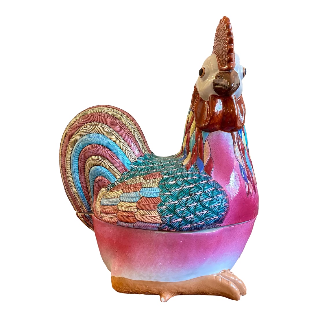 Mid 20th Century Antique Chinese Export Polychrome Porcelain Chicken, Hen, Rooster Form Tureen Box,: Chinese export rooster form porcelain tureen or box. Mid-20th Century, possibly older. Heavy yet finely modeled and detailed. Expertly hand-painted. Multi-colored exterior with solid turquoise interio